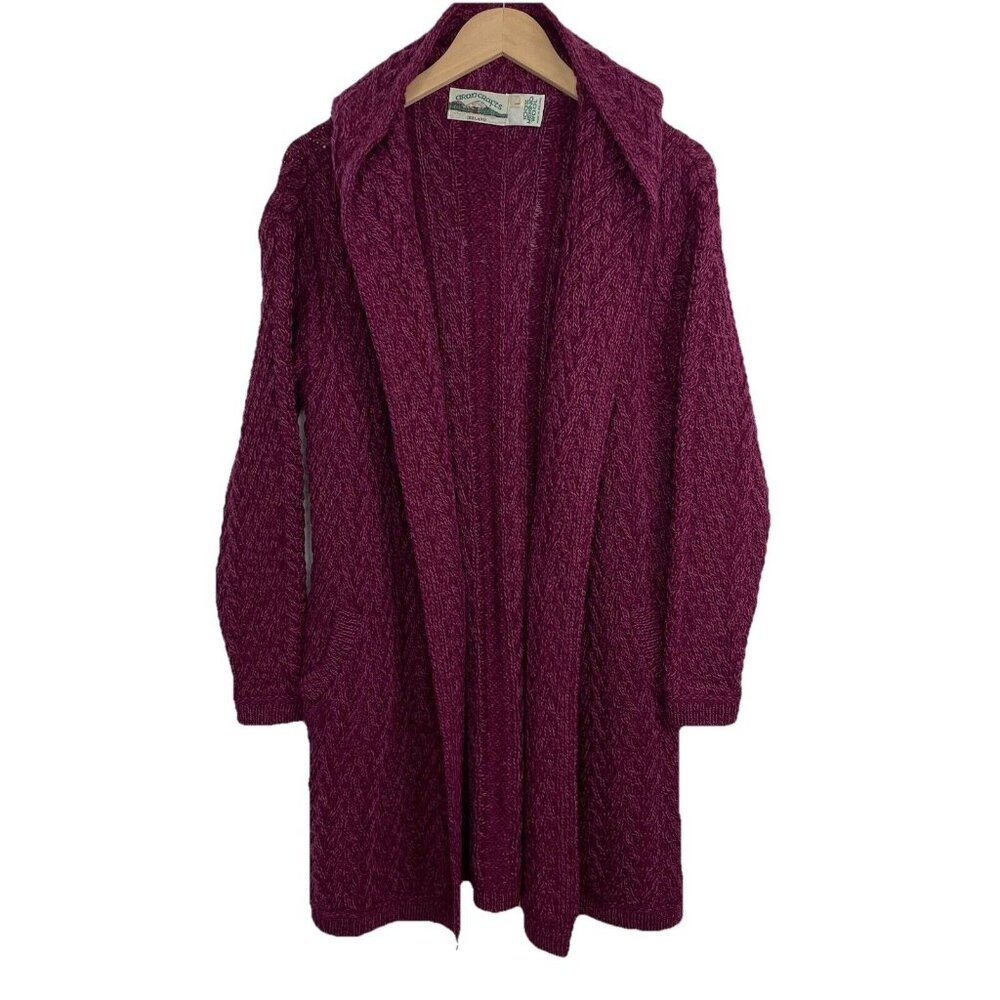 ARAN CRAFTS Shawl Collar Hooded Cardigan Cable Knit Sweater Purple L
